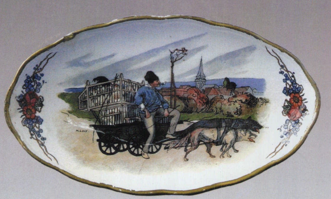 十九世纪法国乡村风情人物纹菱边椭圆精陶盘