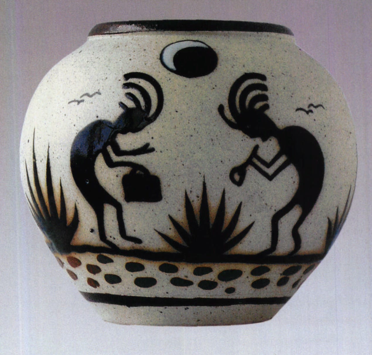墨西哥印第安人手绘墨彩月夜巫术人物纹陶罐