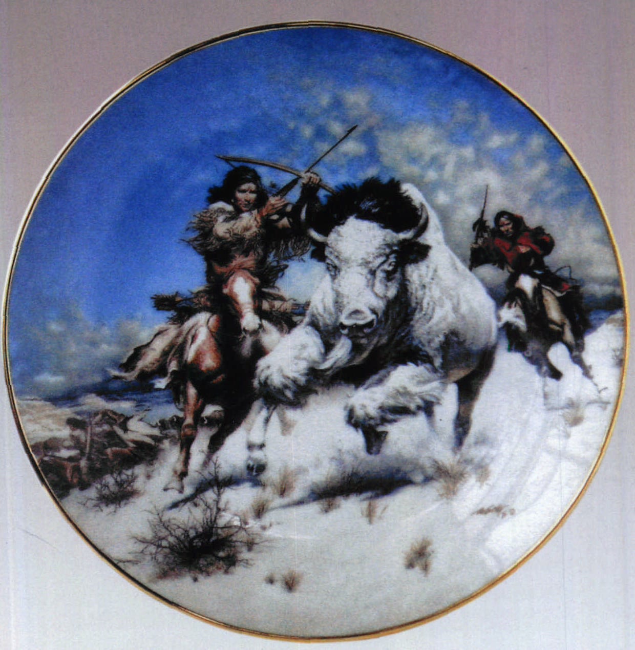 美国彩绘印第安人骑马猎牛纹瓷盘