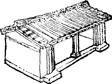 西汉中期的满城汉墓,近处有祠堂遗迹,推测为木构建筑,屋顶铺瓦东汉