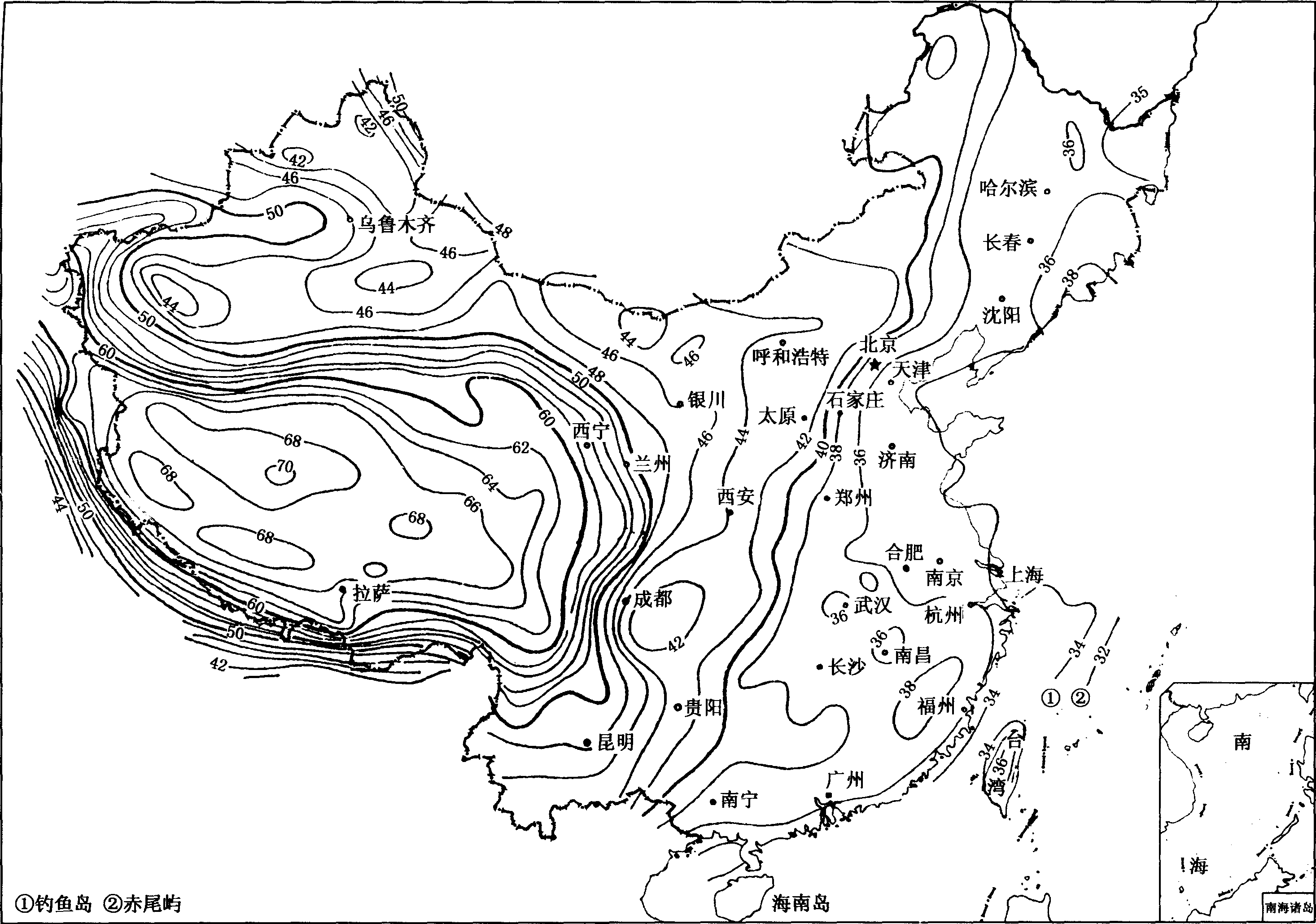 图1—8 中国莫霍面深度(km)