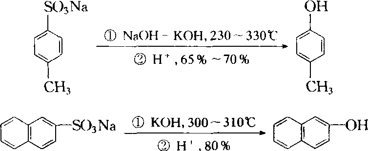 芳磺酸的钠或钾盐与氢氧化钠和/或氢氧化钾共熔,磺酸基被羟基取代的