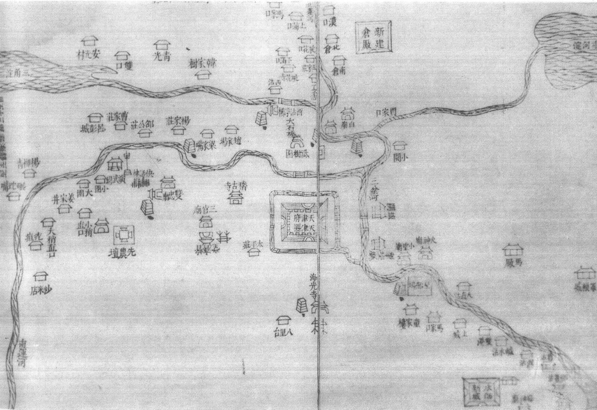 3.天津县境图，见于清乾隆四年(1739)《天津县志》。图中标明了当时天津县的四至。