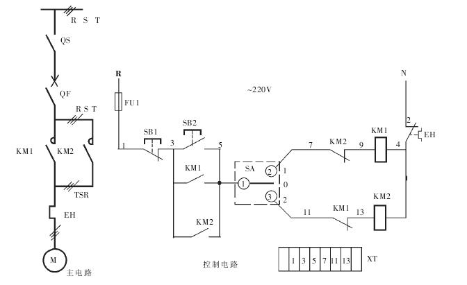 四、一組控制按鈕控制的電動機正反轉(zhuǎn)電路