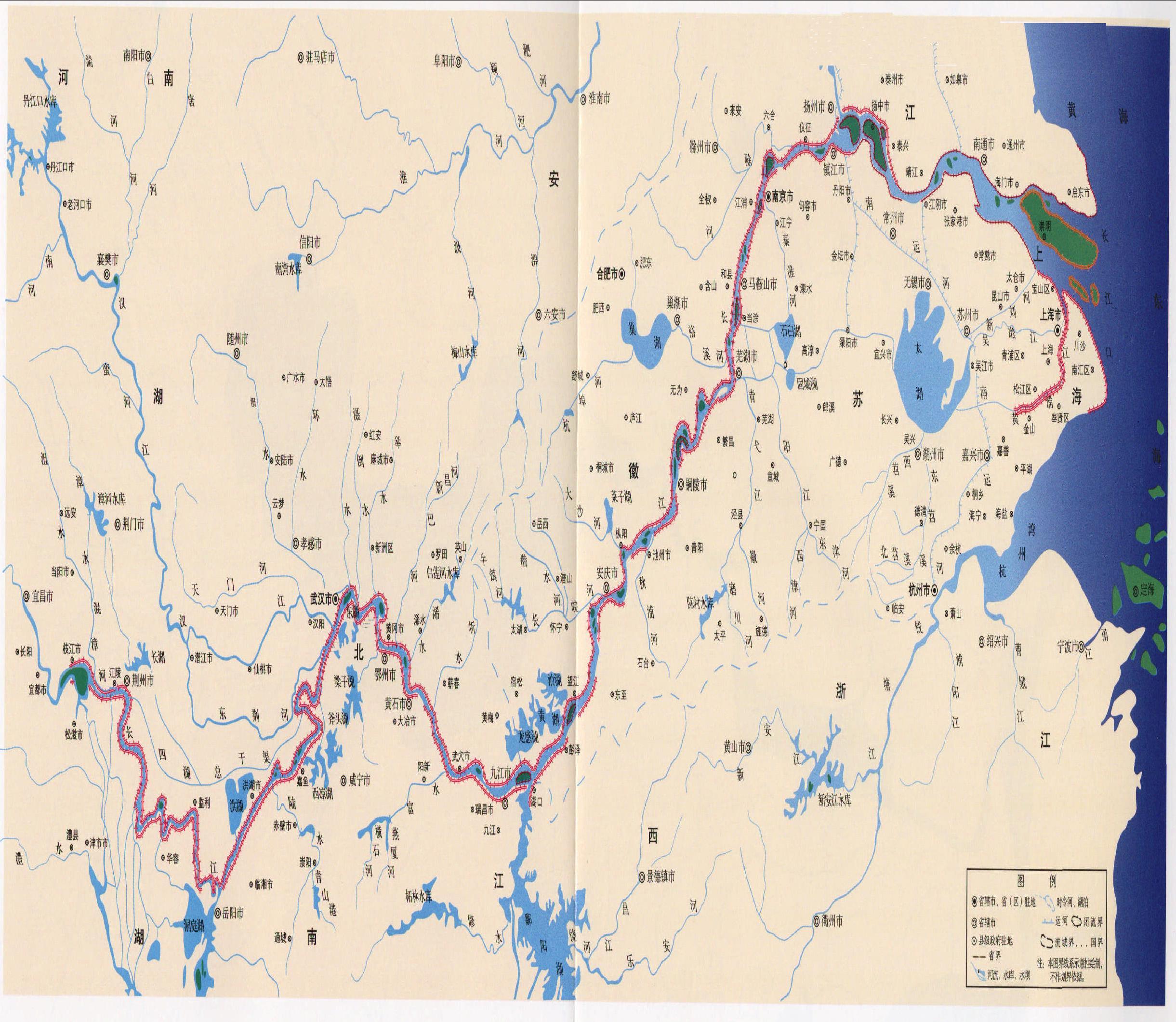 長(zhǎng)江下游(長(zhǎng)江口-鄱陽(yáng)湖口)水系示意圖