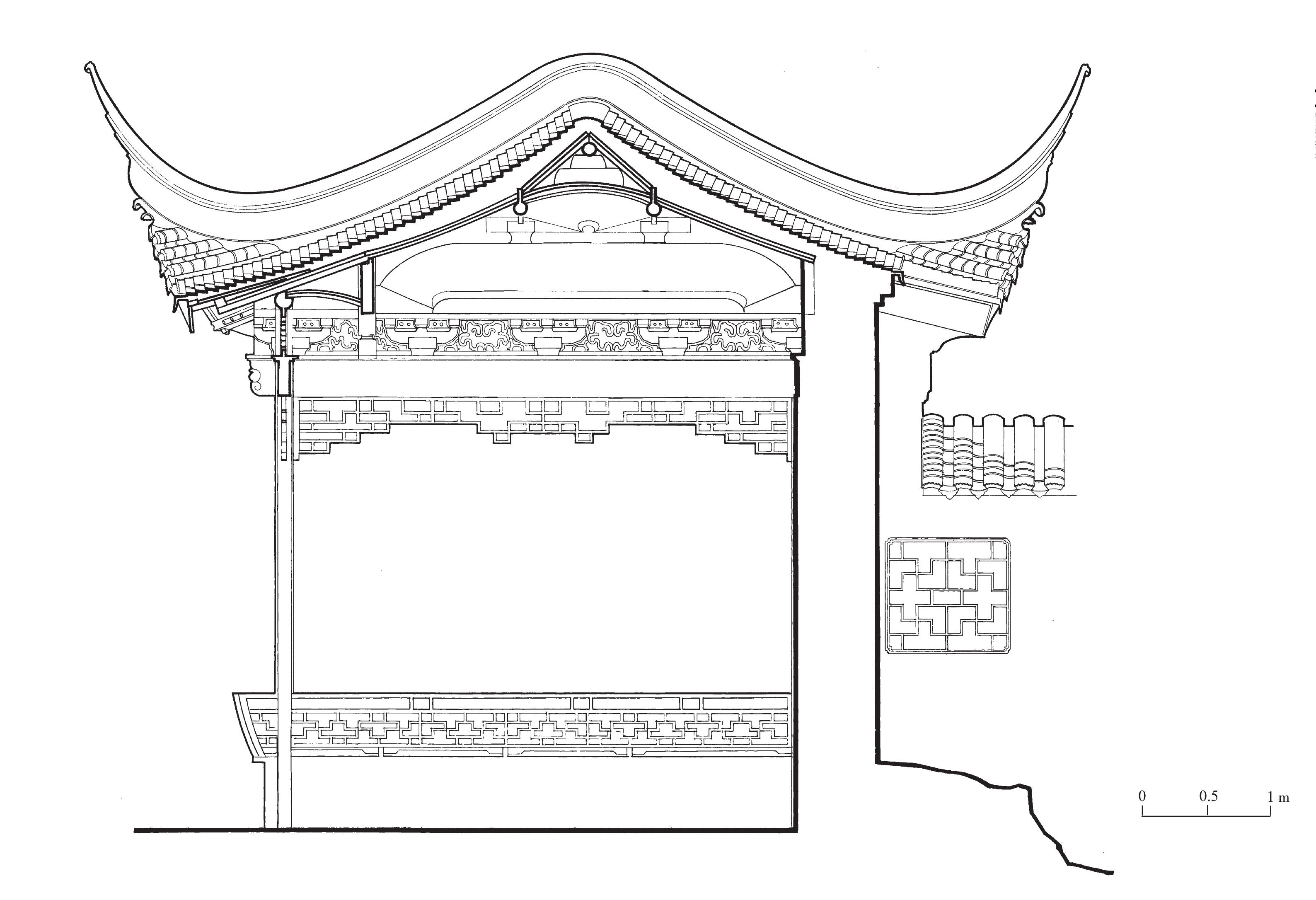 苏州网师园竹外一枝轩前亭子西视剖面图