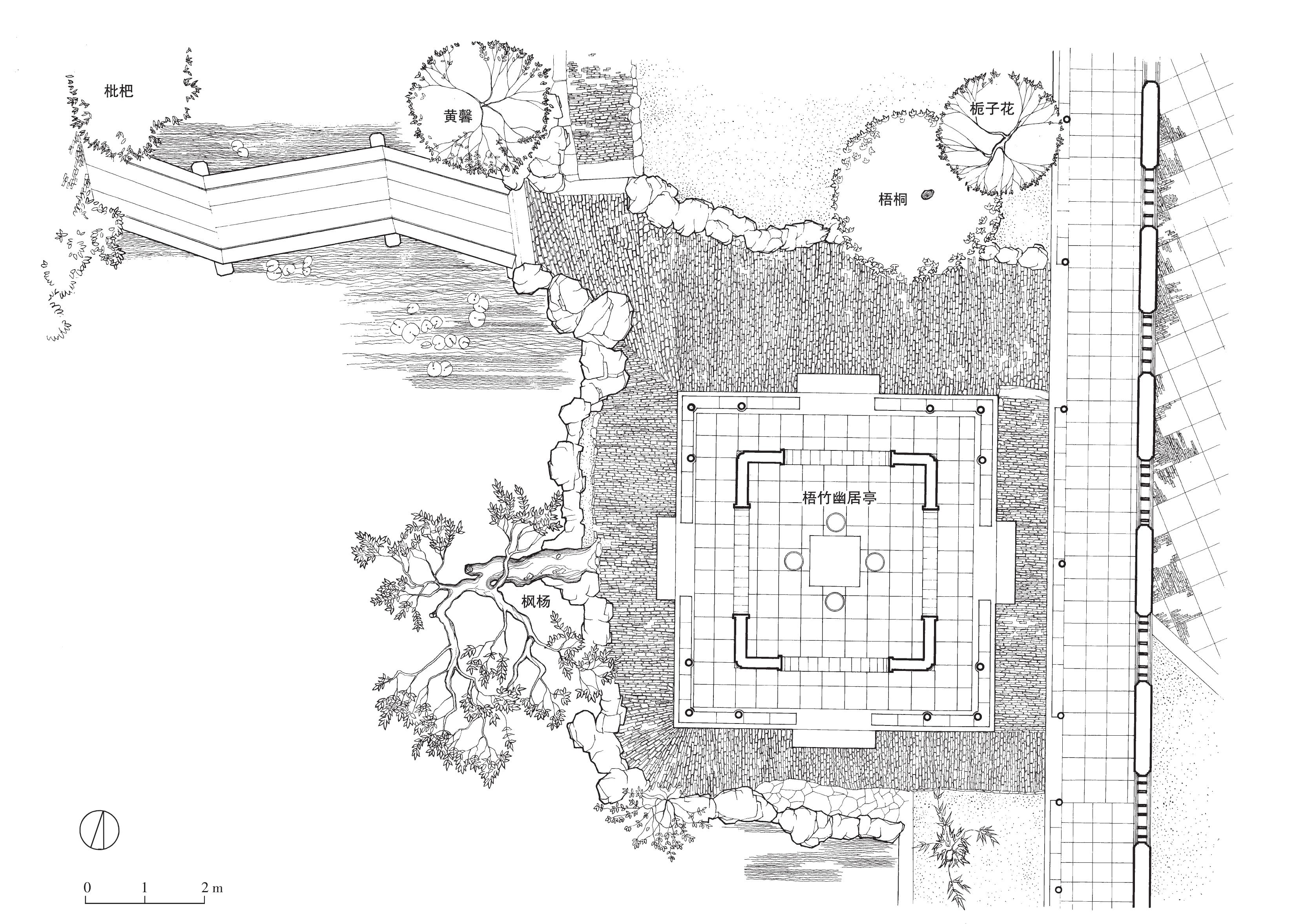 苏州拙政园梧竹幽居亭平面图