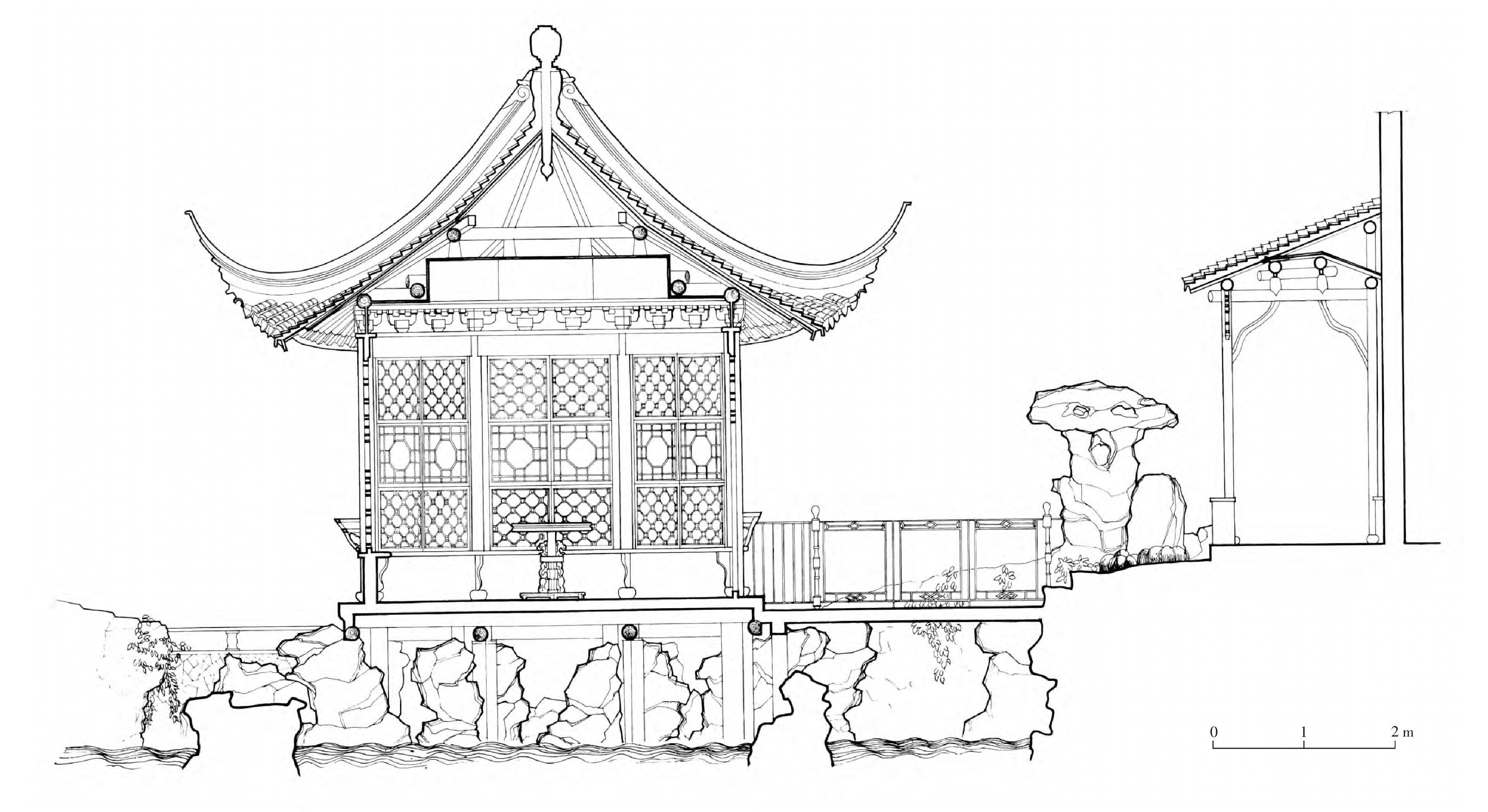 苏州拙政园塔影亭剖面图