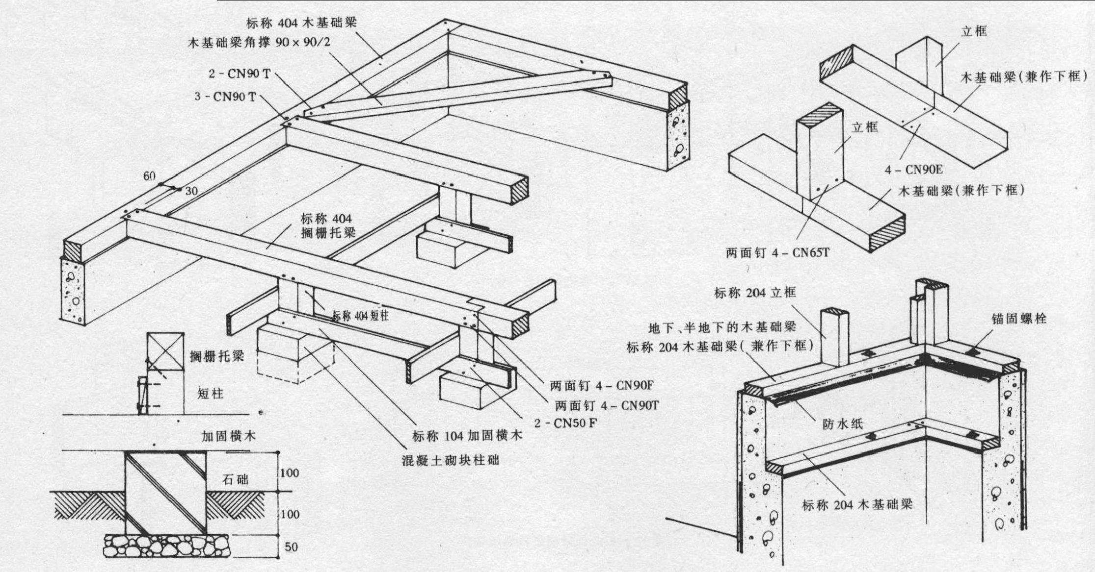 木基础梁、搁栅托梁、短柱