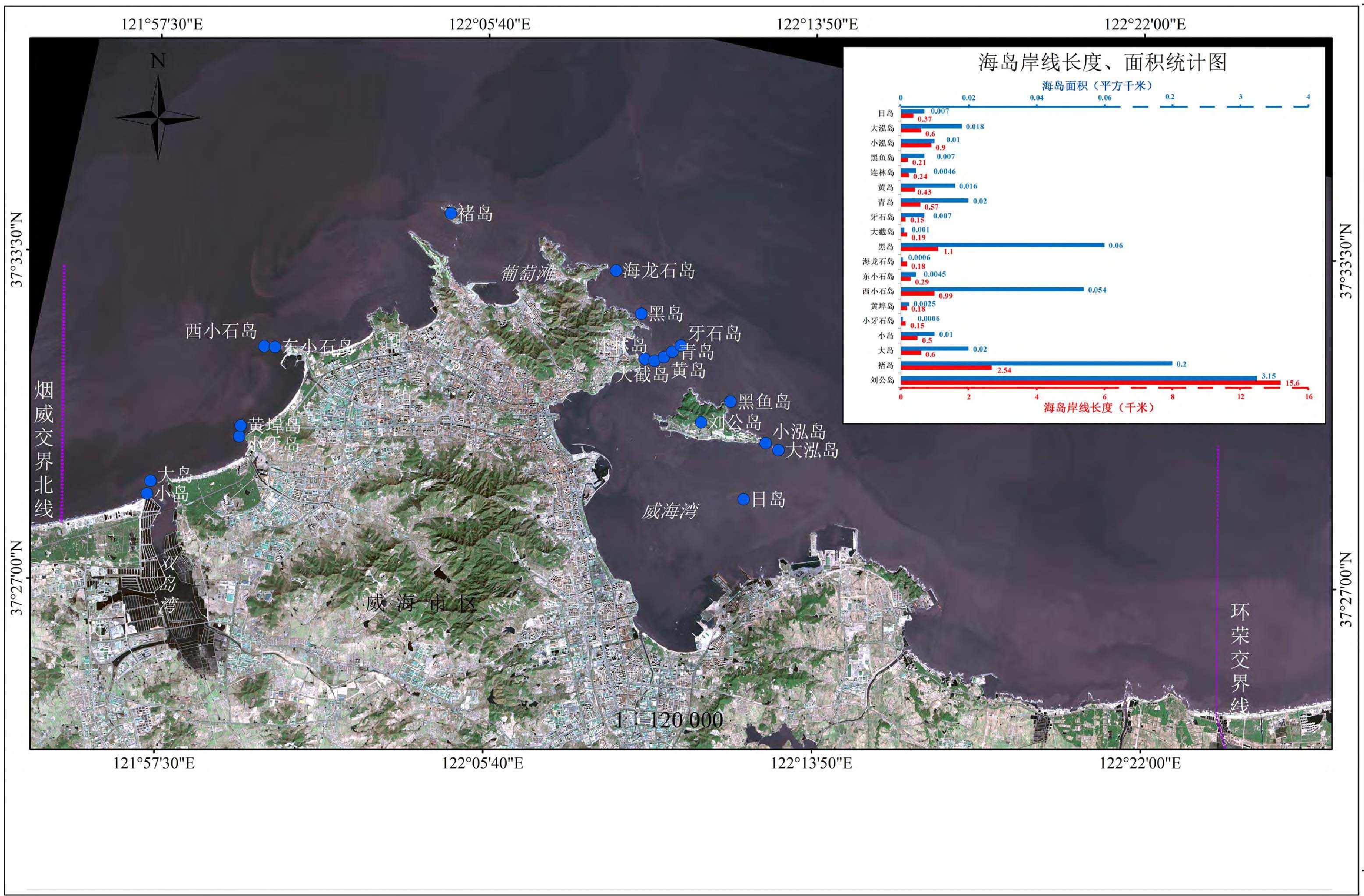 威海市区500平方米以上海岛分布图