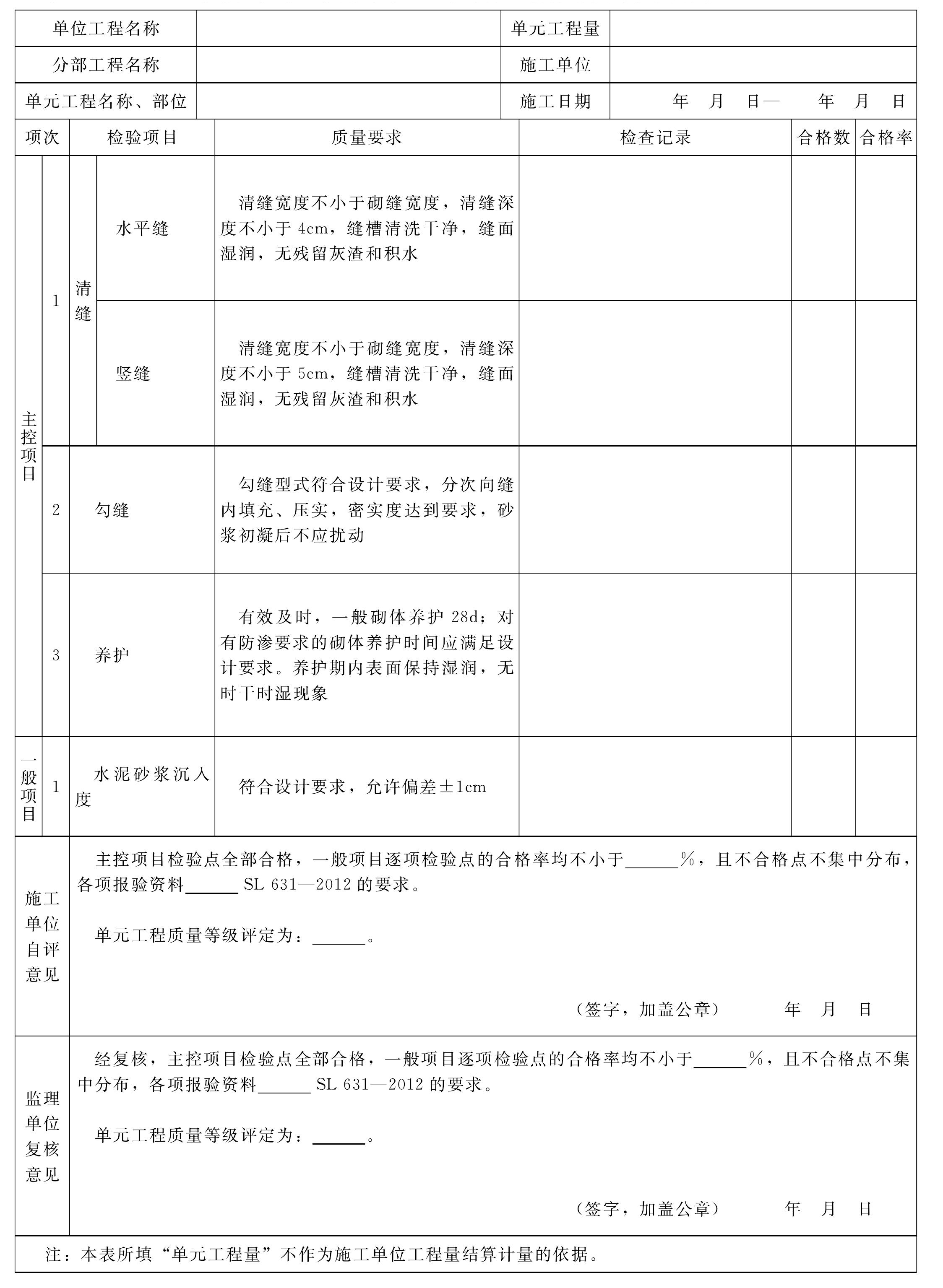 表1.16 水泥砂漿勾縫單元工程施工質(zhì)量驗(yàn)收評(píng)定表填表要求