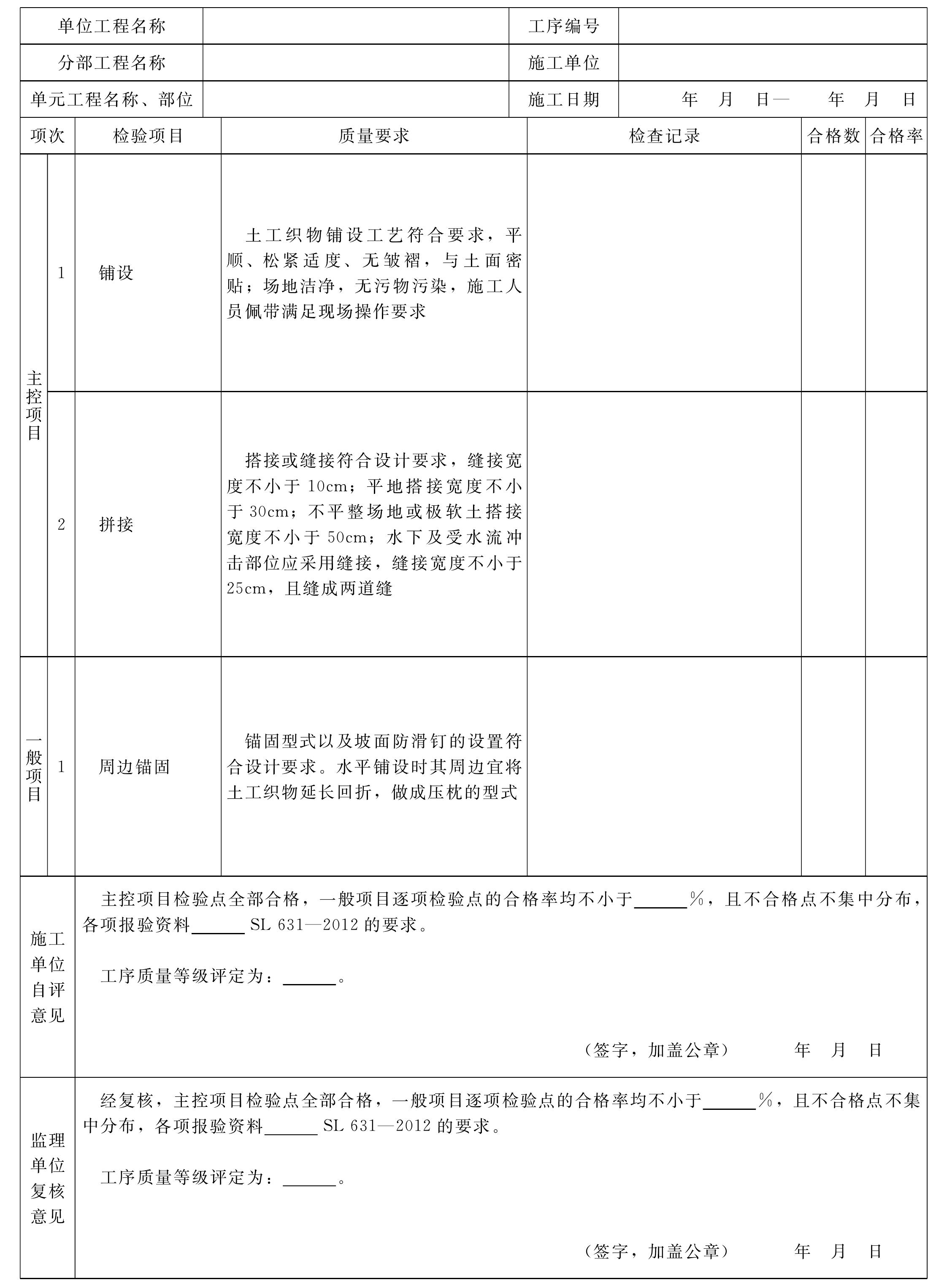 表1.17.3 土工織物鋪設工序施工質(zhì)量驗收評定表填表要求