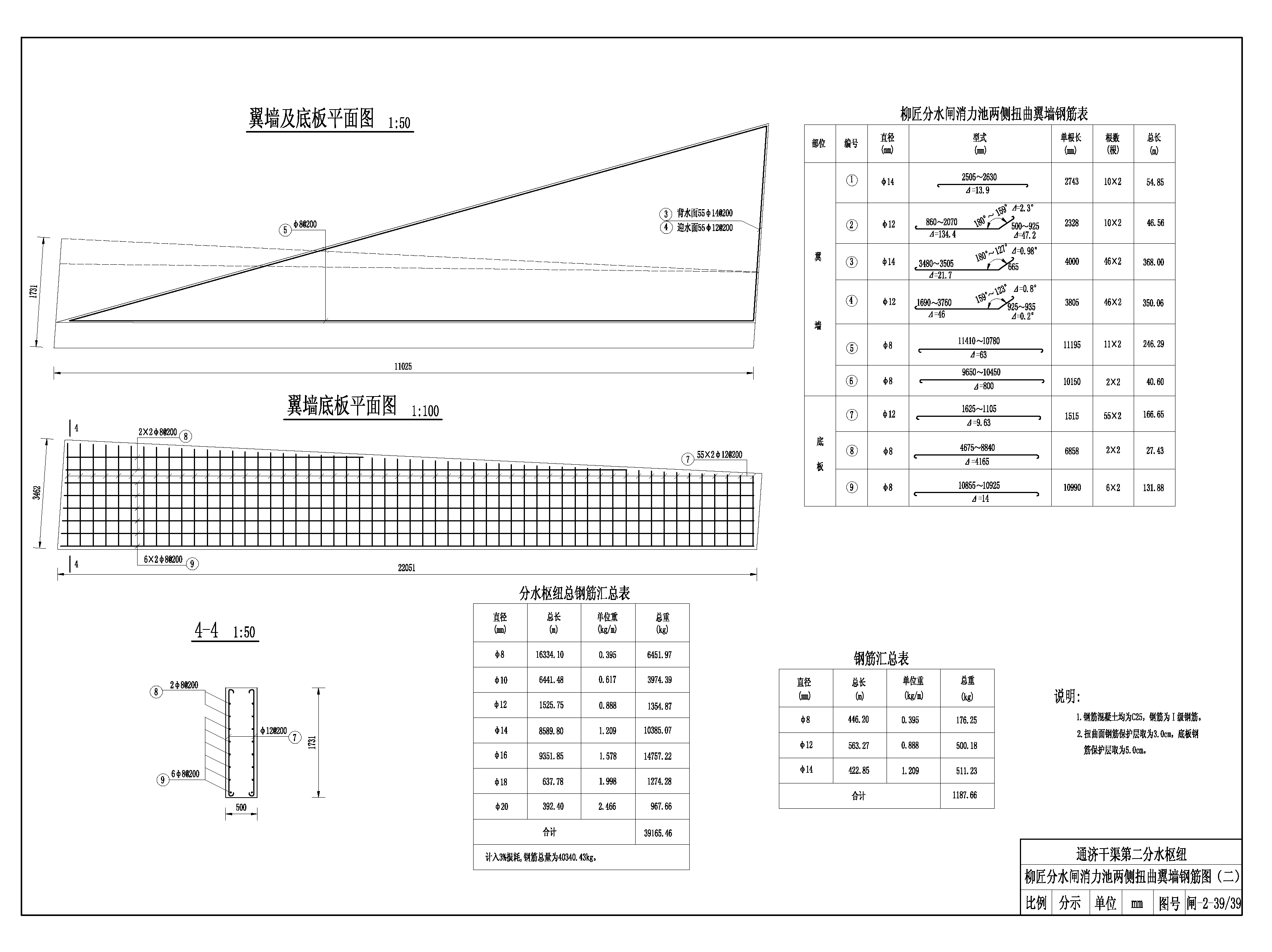 柳匠分水闸消力池两侧扭曲翼墙钢筋图(二)