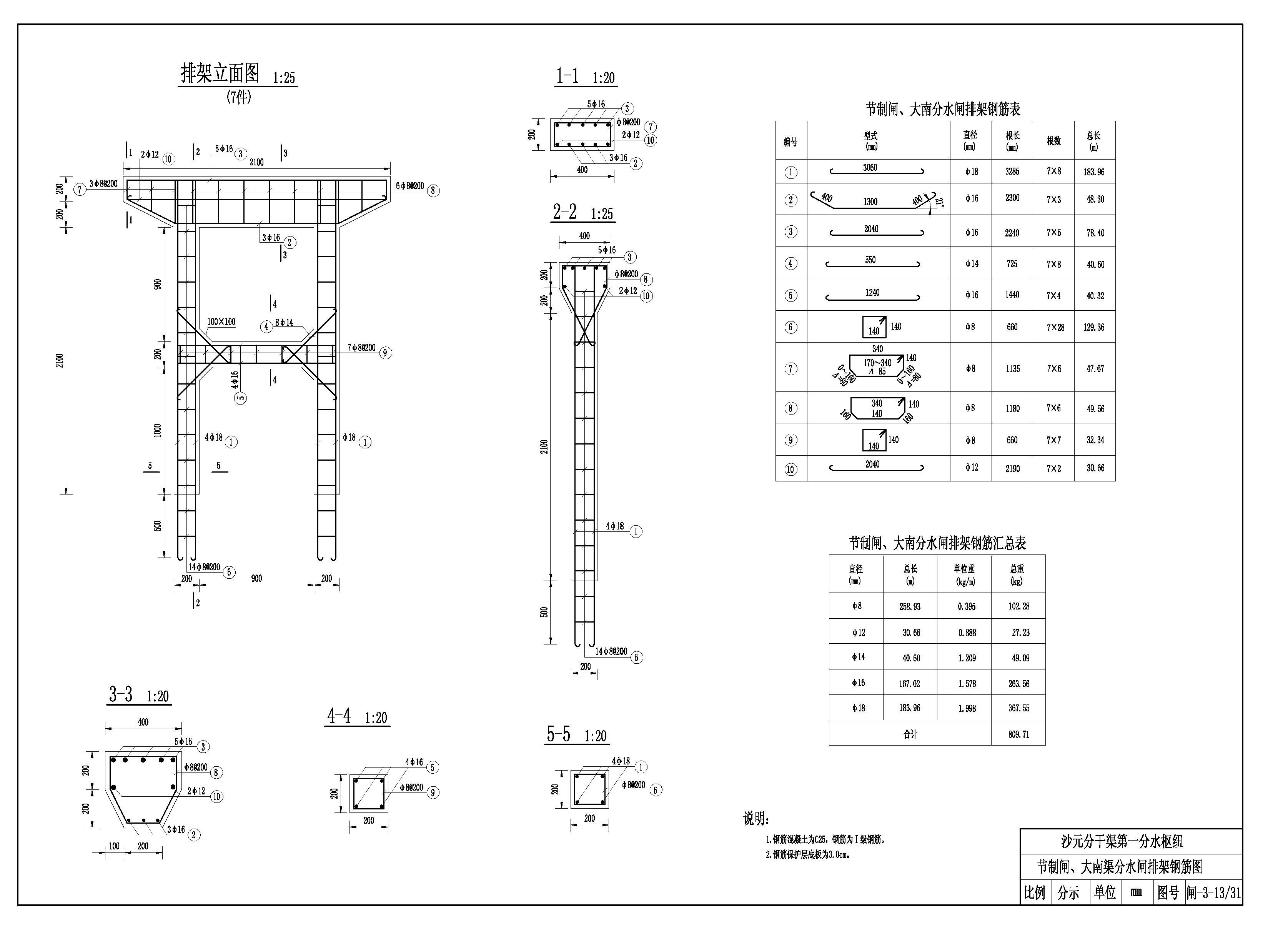 节制闸、大南渠分水闸排架钢筋图